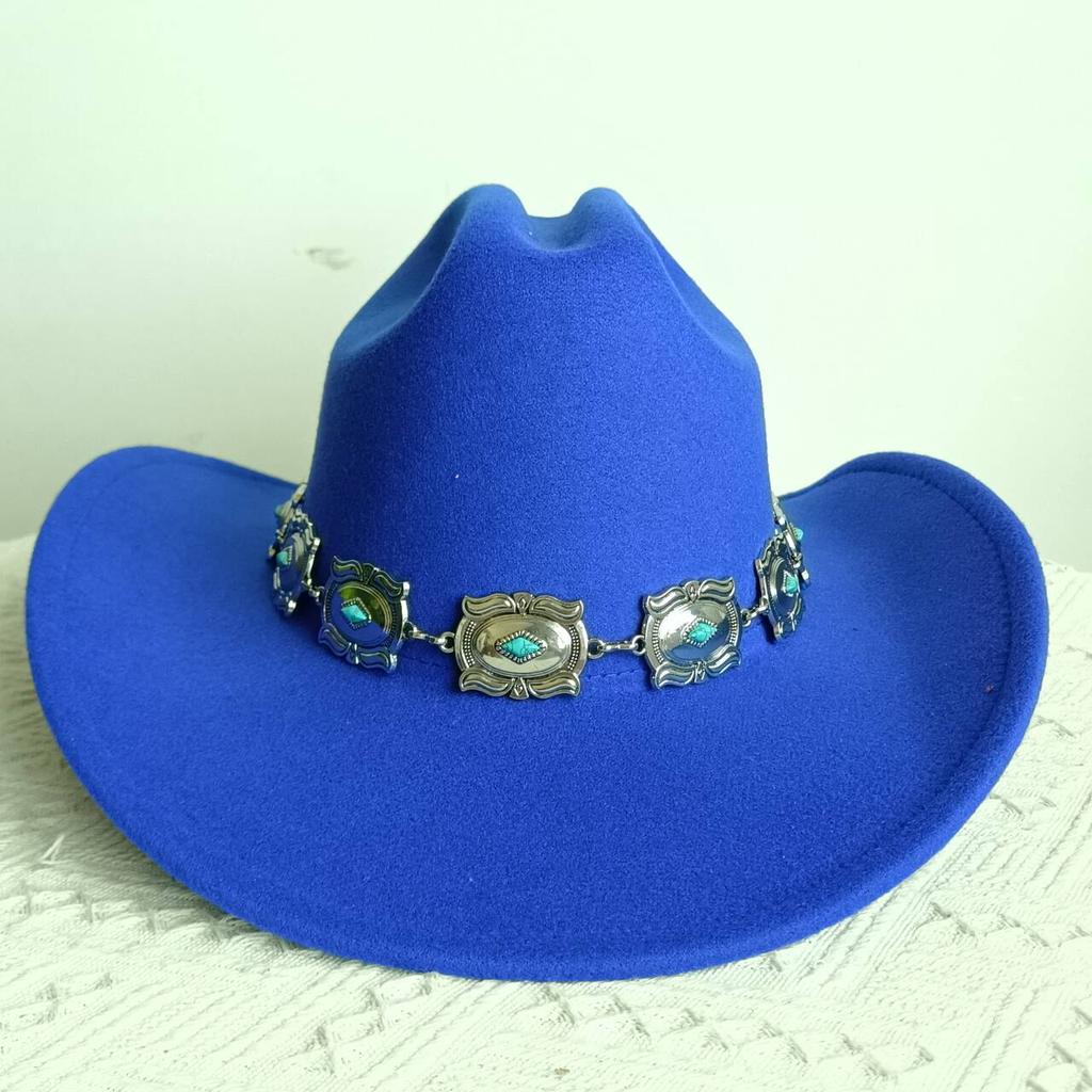 Double concave cowboy fedora western cowboy silver Ivory Silver Concho Chain Cowboy Hat wide brim riding hat cowboy hat