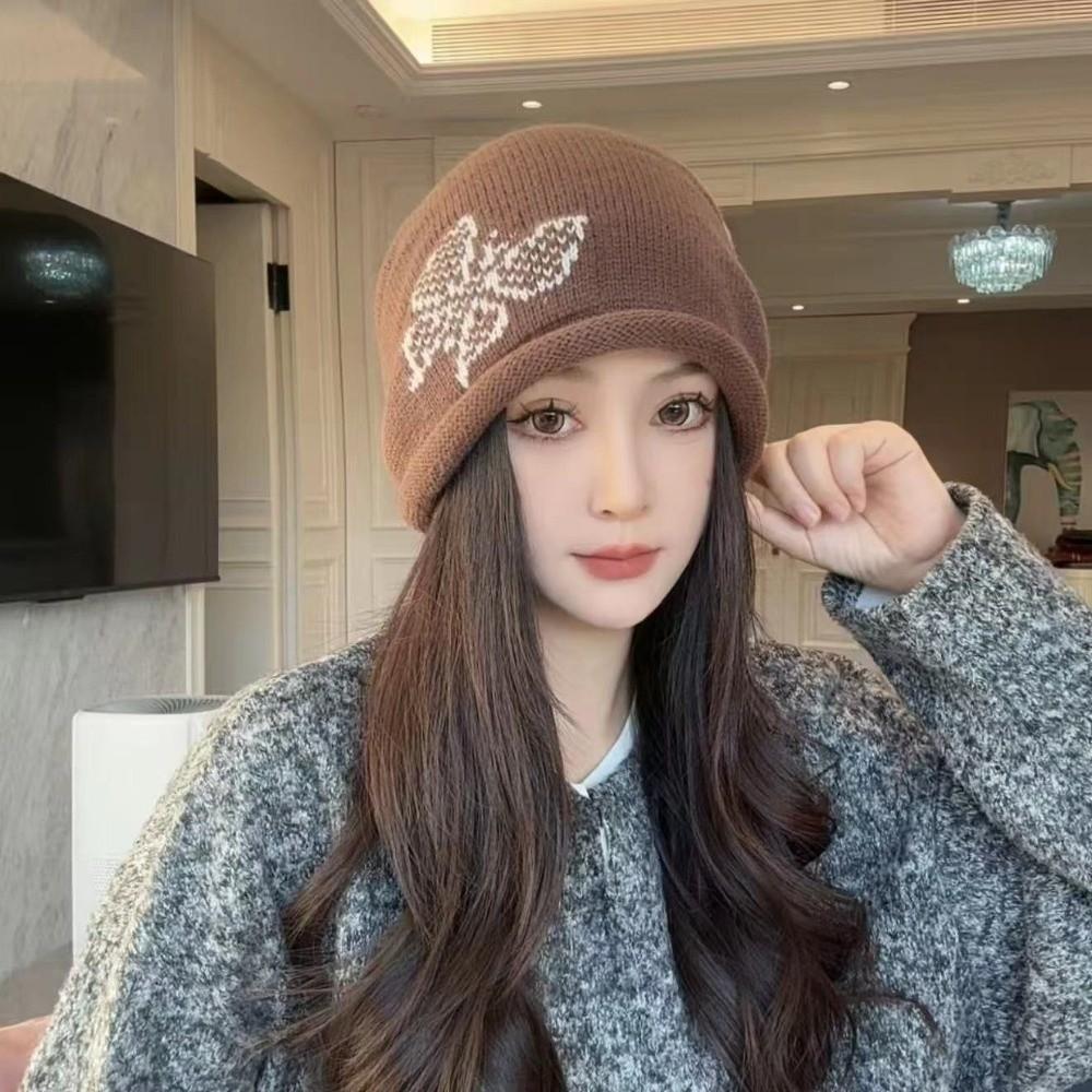 Butterfly Pattern Drawstring Beanie Cap Windproof Ear Protection Hat Knitted Woolen Hat  for Women