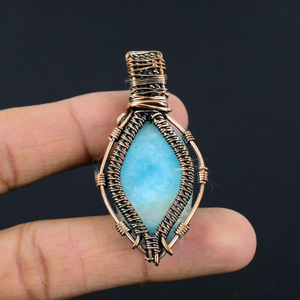 Larimar Pendant Gemstone Jewelry, 999 Copper Wire Wrapped Pendant, Handmade Jewelry Birthstone Pendant, Gift For Him