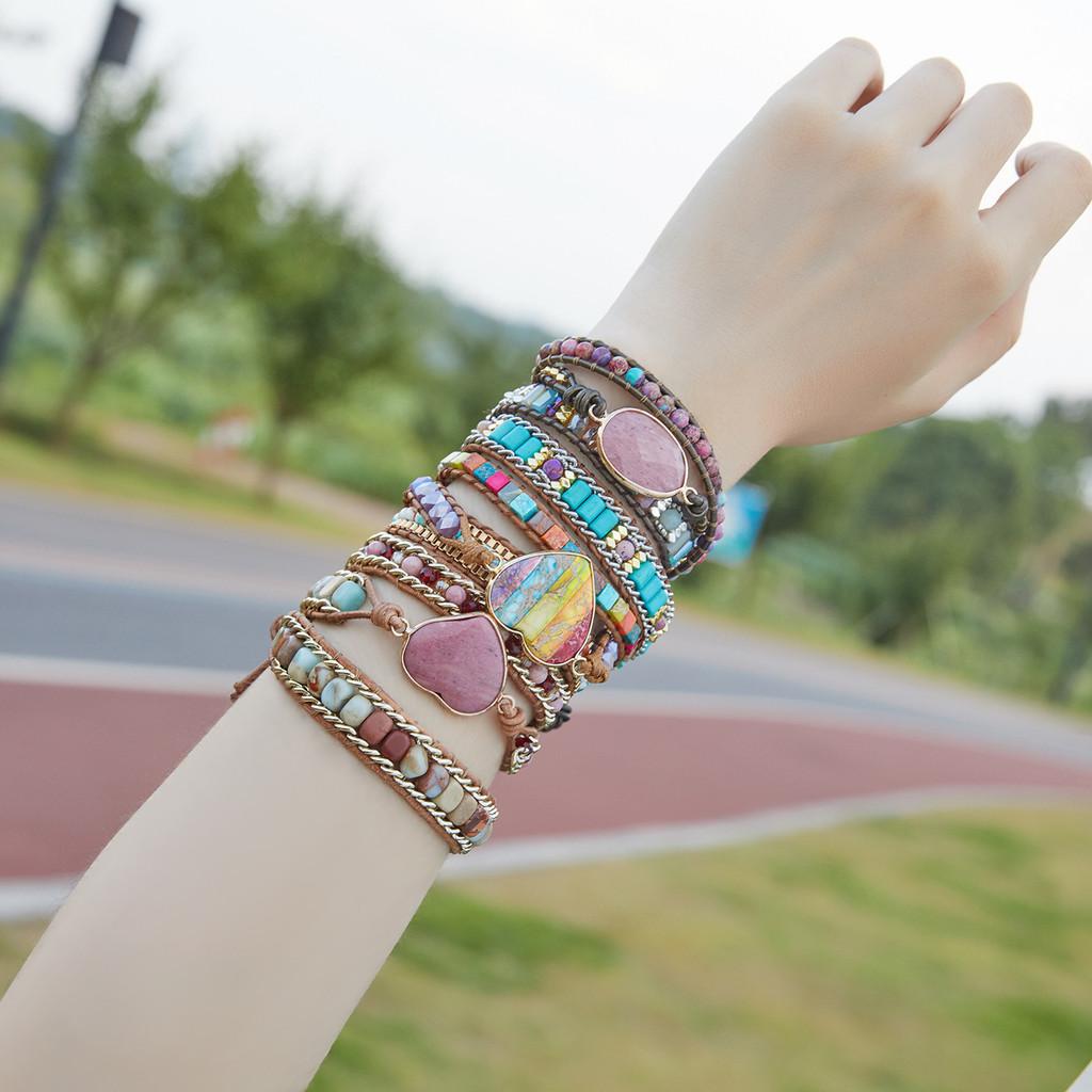 Three Layer Winding Leather Beaded Bracelet With Agate Stones For Women Gift