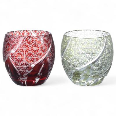 Mizukage Kiriko Pair Glass Cups for Cold Random Carving Red with Engraved Bishou Current Model J-kitchens Egg-Shaped Sake, 5.5×5.9cm, 100cc, Pattern,