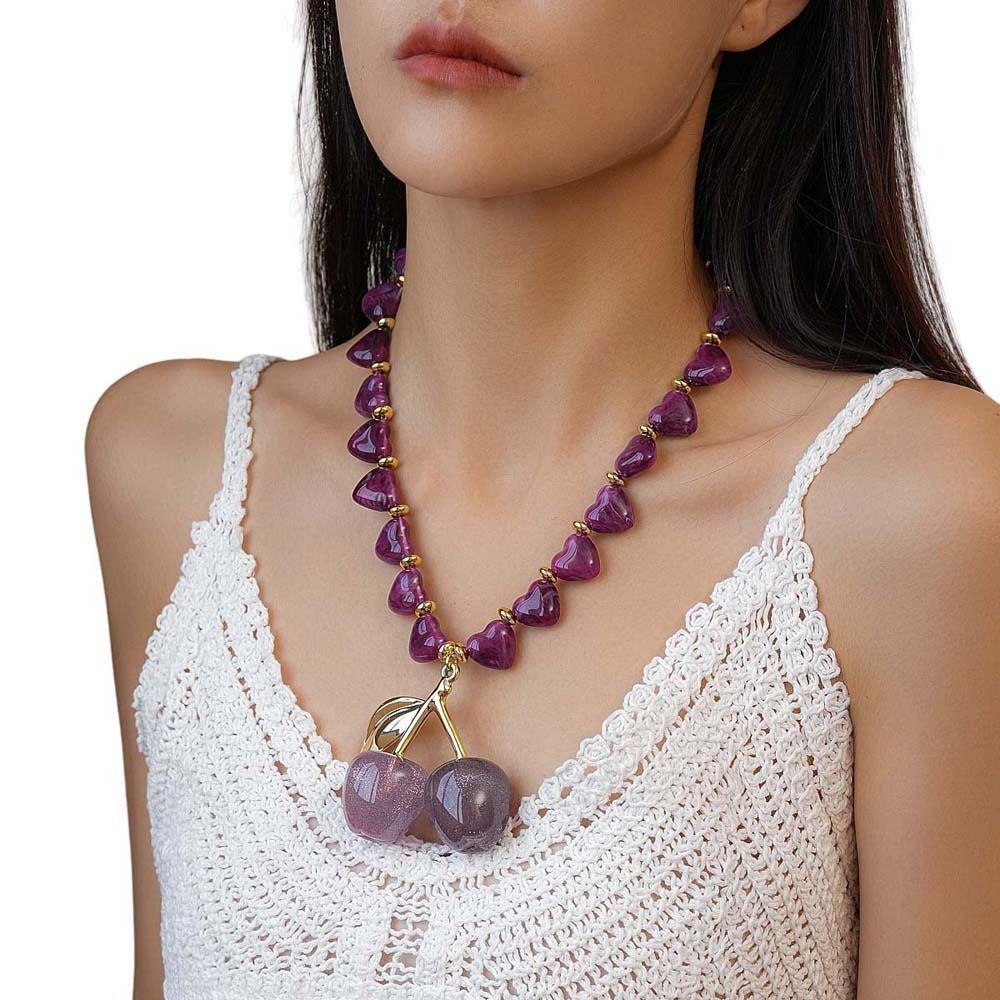 Love Heart Beadeds Women Cherry Necklace Acrylic Bohemia Choker Cherry Pendant  Vacation