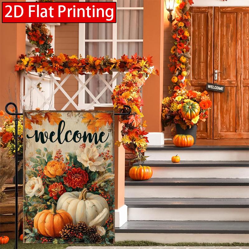 2D Flat, 2D Flat Autumn Flowers Pumpkin Thanksgiving Garden Flag_2-28x40 Inch Outdoor Garden Flag Double-sided Home Decoration Courtyard Decoration Ou