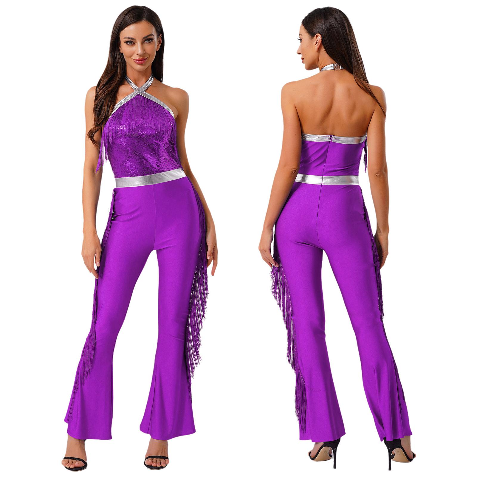 Femmes Années 70-80 Disco Latin Jazz Danse Cha-cha Body Brillant Paillettes Franges Combinaison Halloween Carnaval Cosplay Costume de Performance S