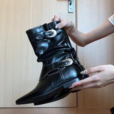 Cowhide Vintage Martin Boots Belt Buckle Thick Heel Pointed Metal Buckle Black Leather Western Boots Women