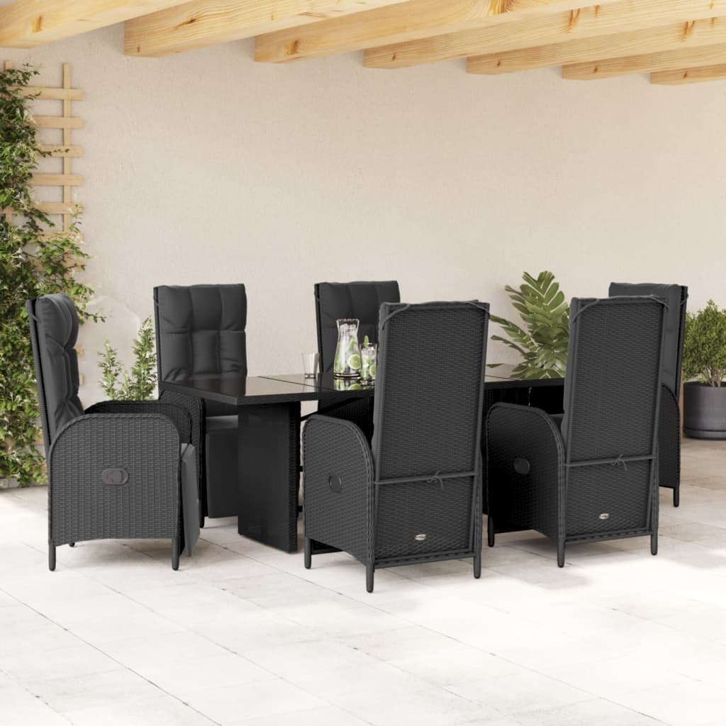 Vidaxl 7-Cz. Garden Furniture Set With Cushions, Black, Poly Rattan