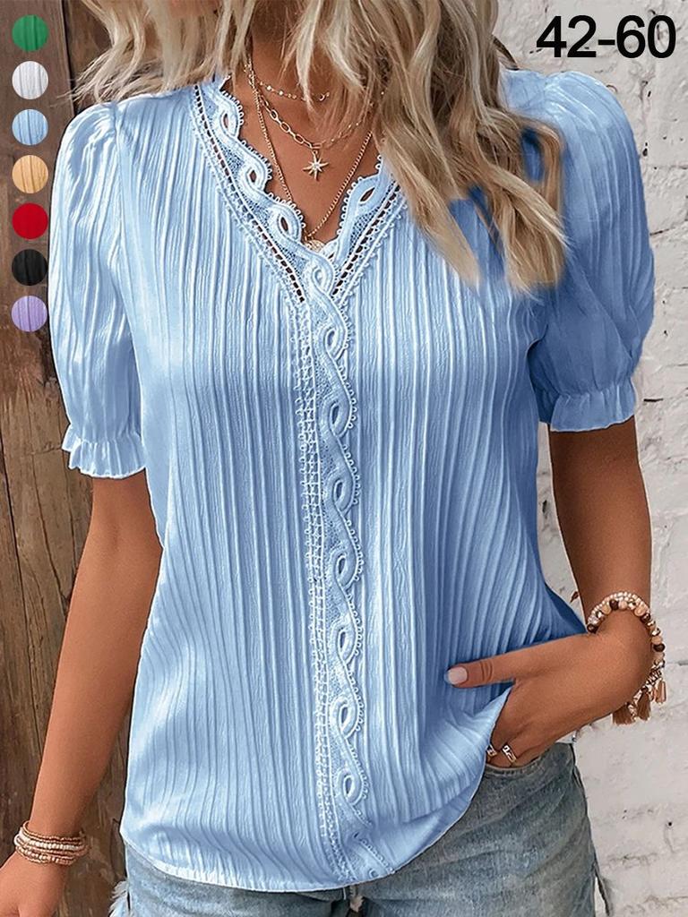 Women's Hollow Out Short Sleeve Blouse Lightweight Breathable Top Casual Summer Shirt with V Neck and Puff Sleeves Suitable for Daily Wear