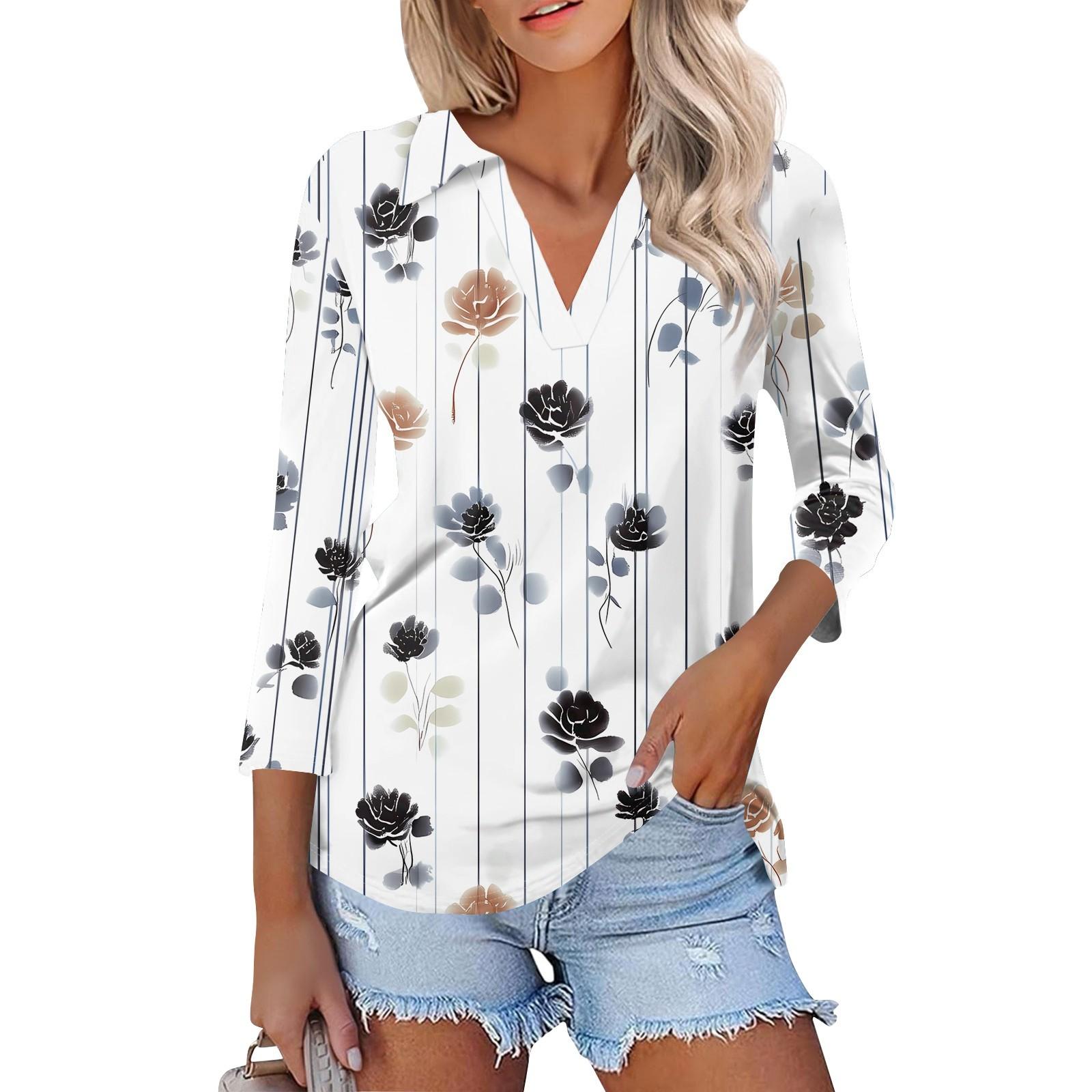 

Женская мода повседневная рубашка с лацканами и рукавом 3/4 с принтом, женские топы с V-образным вырезом S