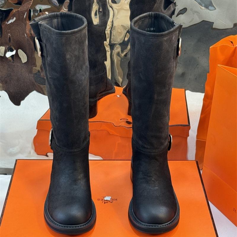 Color Matching Pleated Stacking Boots Women's Autumn and Winter New Long Tube Maillard High Boots Big Tube Circumference Western Cowboy Knight Boots