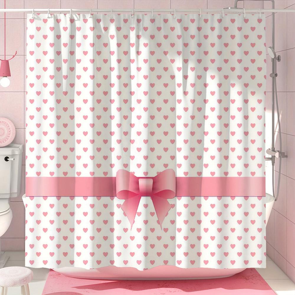 Cute Pink Bow Shower Curtain Simple European Lace Stripe Minimalist Modern Polyester Shower Curtains Bathroom Decor with Hooks