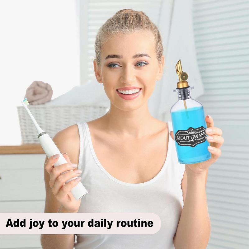 Mouth Wash Dispenser Bottle 12oz/350ml Transparent Mouthwash Bottle Set With Stainless Steel Spout Funnel Labels Cups Countertop
