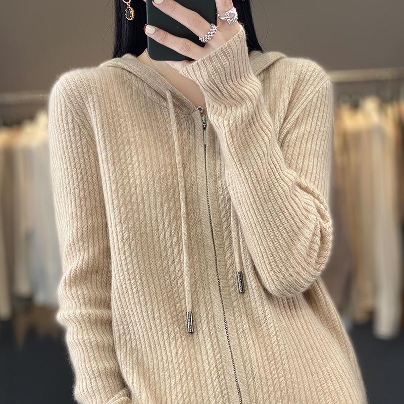 Women's 100% Pure Wool Hooded Cardigan - Spring Cashmere Zipper Sweatshirt