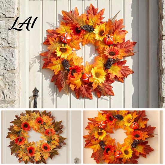 Autumn Door Decor Fall Sunflower Maple Leaf Wreath with Pumpkin Pinecone Thanksgiving Harvest Artificial Holiday Party Supplies Wreath Indoor