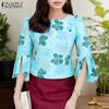 ZANZEA Women Casual Round Neck 3/4 Sleeve Floral Print Blouse