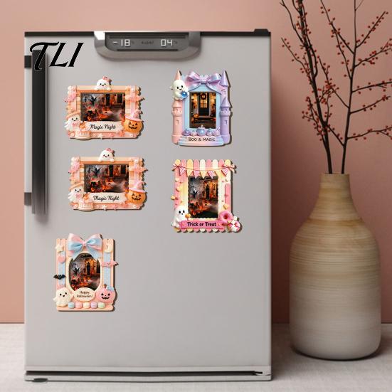 Picture Display Frames Halloween Photo Frame Refrigerator Magnet, Ghost Pumpkin Magnetic Holder Holder, Wooden Decorative for Holiday Party Kitchen