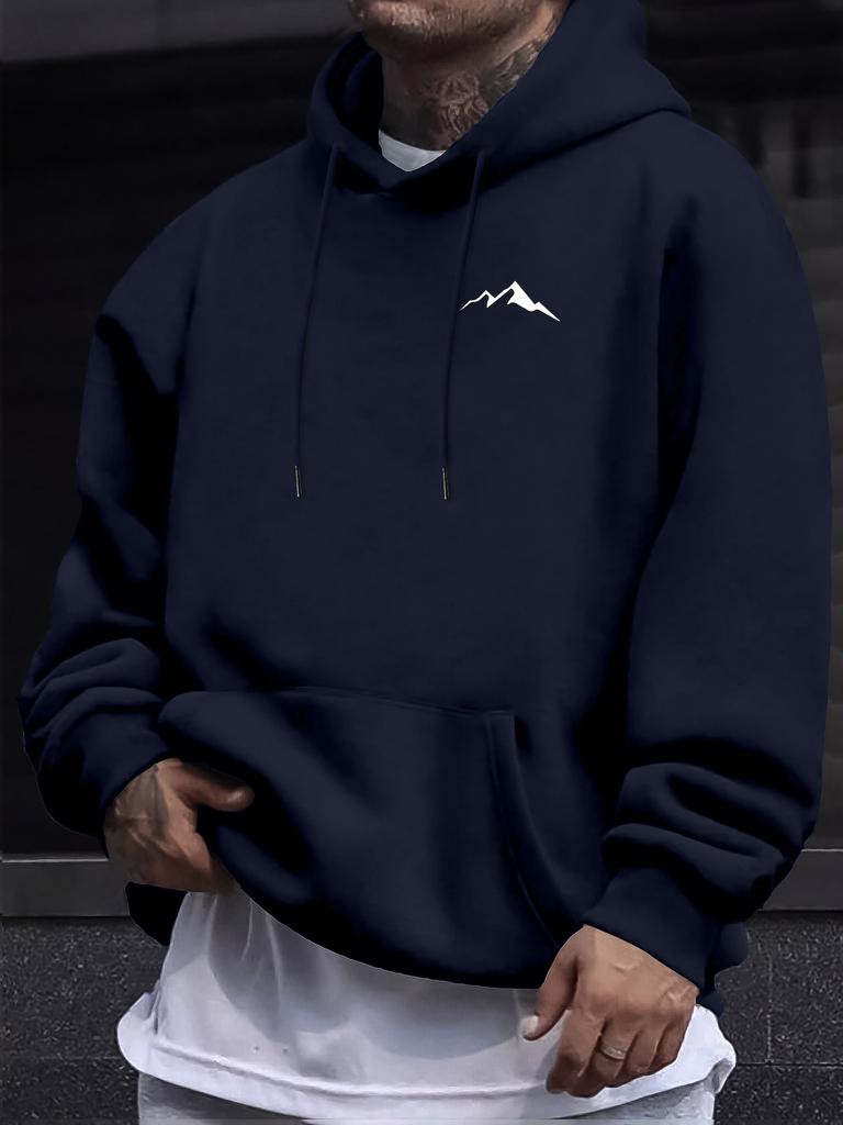 Men's Minimalist Mountain Peak Chest Print Hip Hop Sports Hoodie Simple Outdoor Loose Casual Sweatshirt