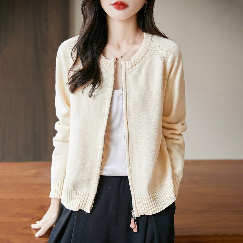 

Модная вязаная куртка-свитер для женской весны и осени, универсальная и элегантная, свободная и стройнящая куртка, толстый короткий кардиган на молнии XL бежевый