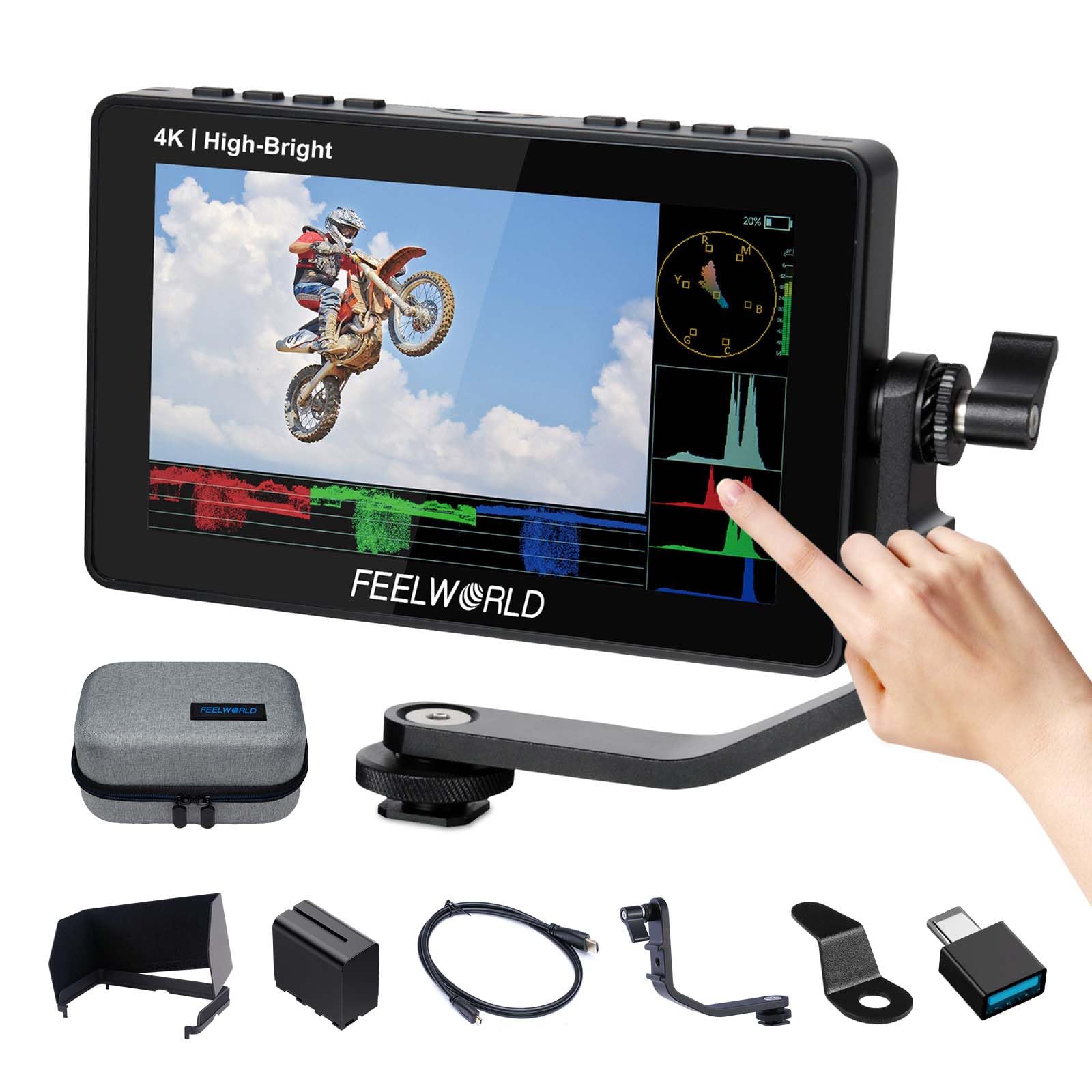 

FEELWORLD F5 PROX-ANP97-AMC5 Аккумулятор 1600 нит Высокая яркость Камера Монитор в реальном времени 1920 x 1080 Сенсорный экран Сигнал Выход HDMI 4K Вход Пользовательский 3D LUT