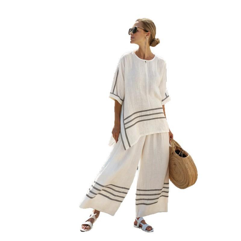 1D European and American Style Plus-size Loose Casual Five-quarter Sleeve Women's Summer Fashion Seaside Vacation Beach Two-piece Set