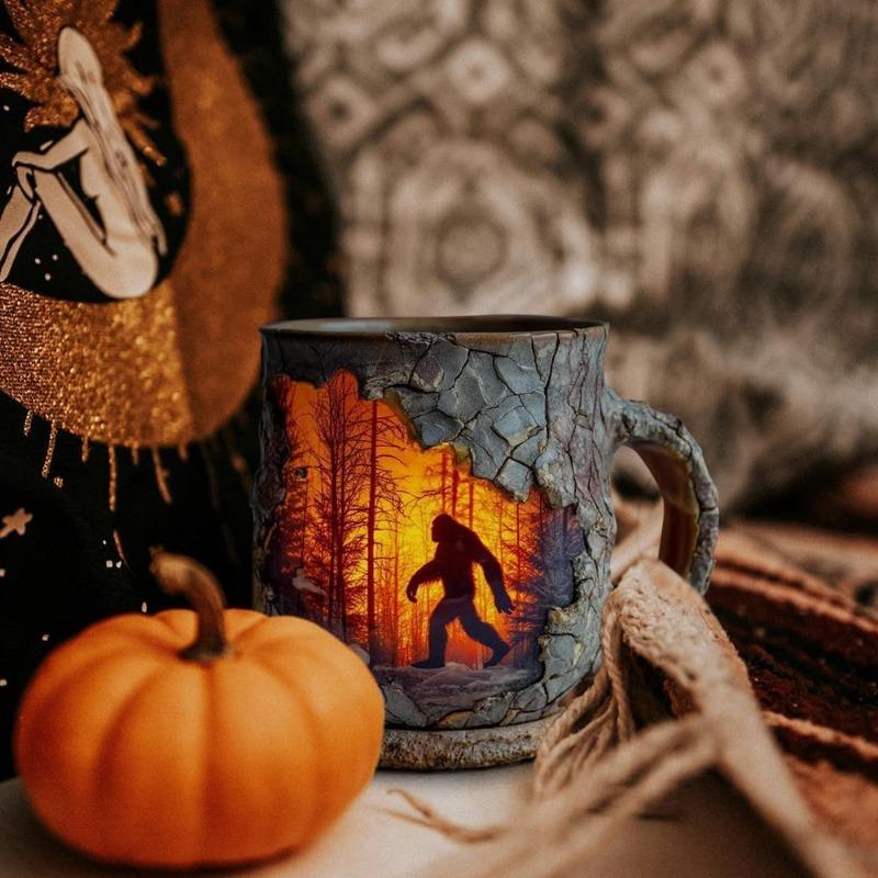 Bigfoot Forest Fire Mug, Forest Fire Design with 3d Relief Mug, 3D Vintage Sasquatch Bigfoot Outdoor Coffee Gifts Cup