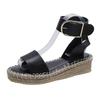 Summer new one-word wedge heel sandals women's flat-soled belt buckle hollow sandals large-size hemp rope-soled women's shoes
