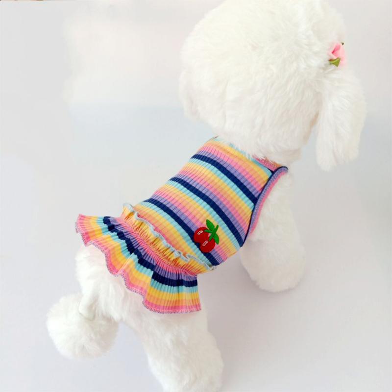 Cute Dog Dress for Small Dogs Girl Birthday Puppy Clothes Spring Summer Dog Outfits Rainbow Colorful Striped Cherry Princess (Blue,S) синий