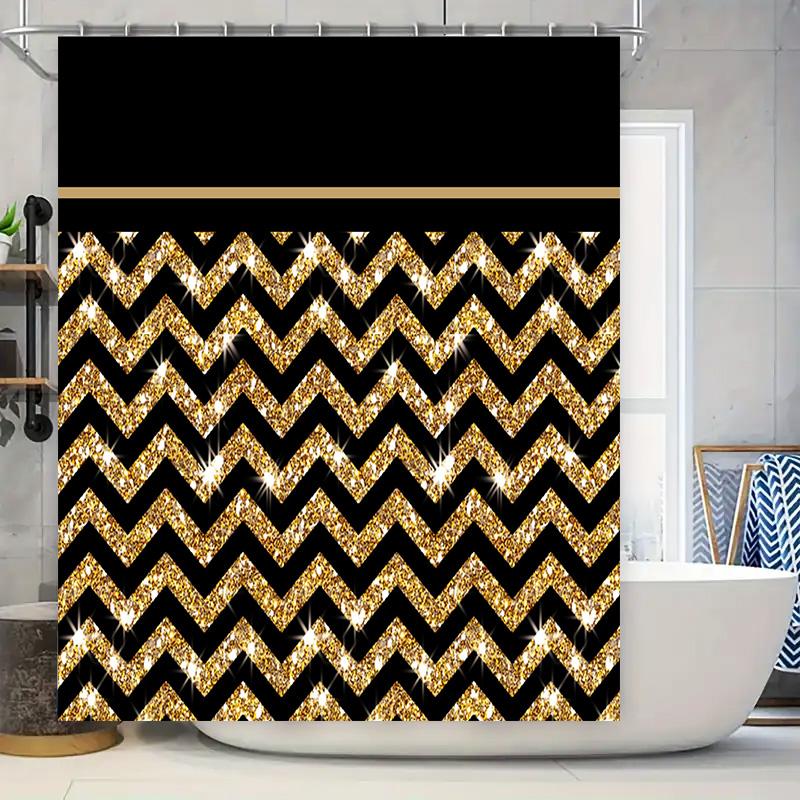 

Vibrant Gold Chevron Shower Curtain For Bathroom Decor Shimmering Glitter Fabric With Rod Pockethole W60H190(CM)-1 Pcs