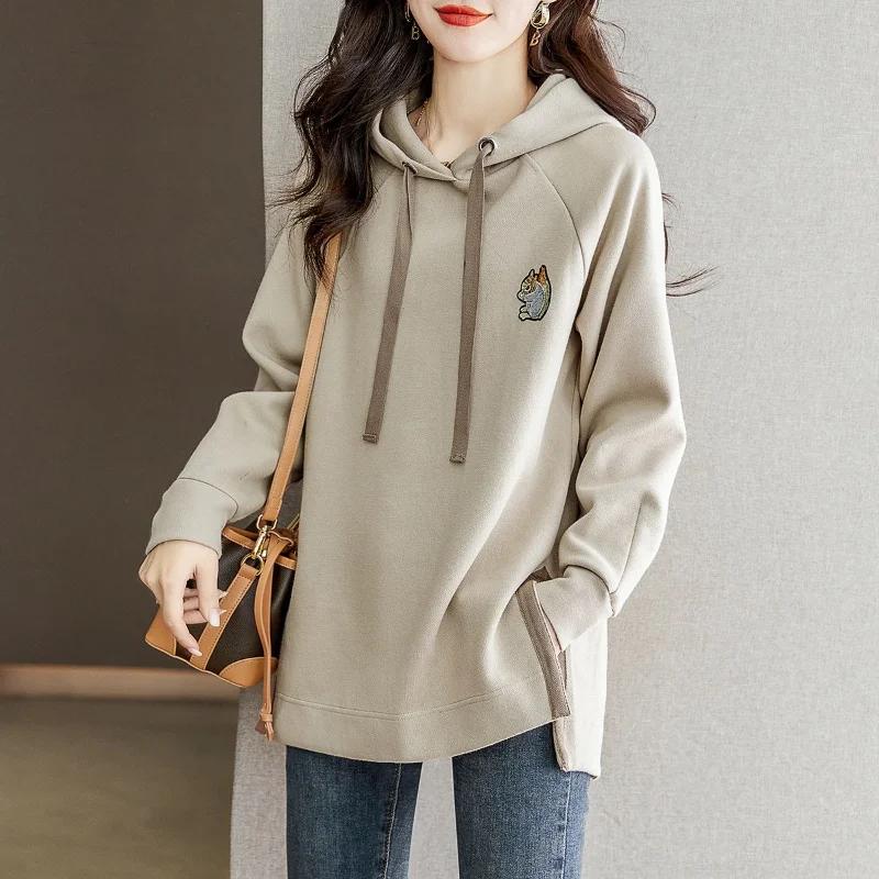 

Y2K Autumn Winter Casual Split Long Sleeve Loose Pullover Hoodie Women Korean Fashion Embroidery Elegant Chic Hooded Sweatshirts M хакі