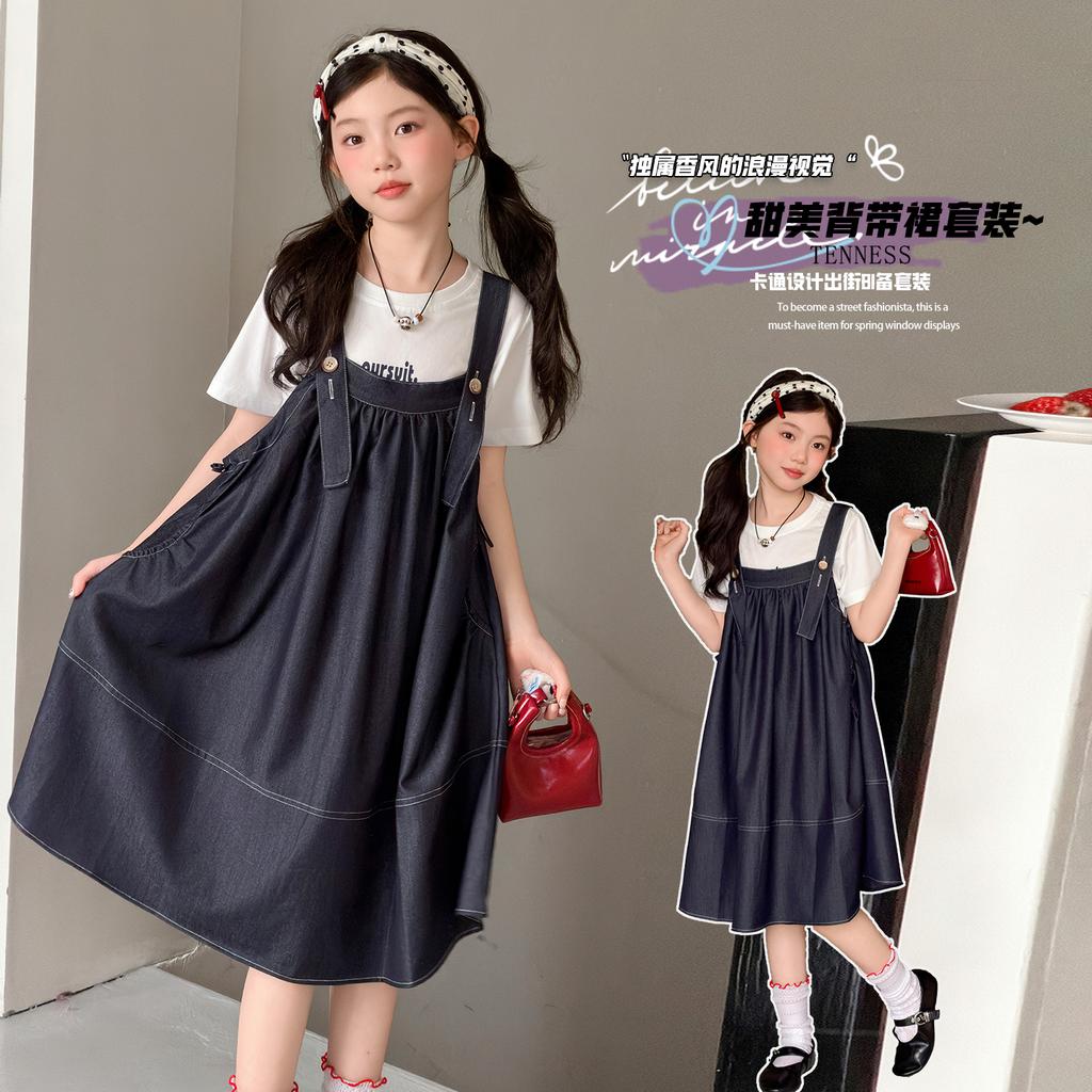 Girls' Summer Dress 2026 New Style Children's Stylish Medium and Large Girls' Summer Dress Cowboy Strap Skirt Two Piece Set