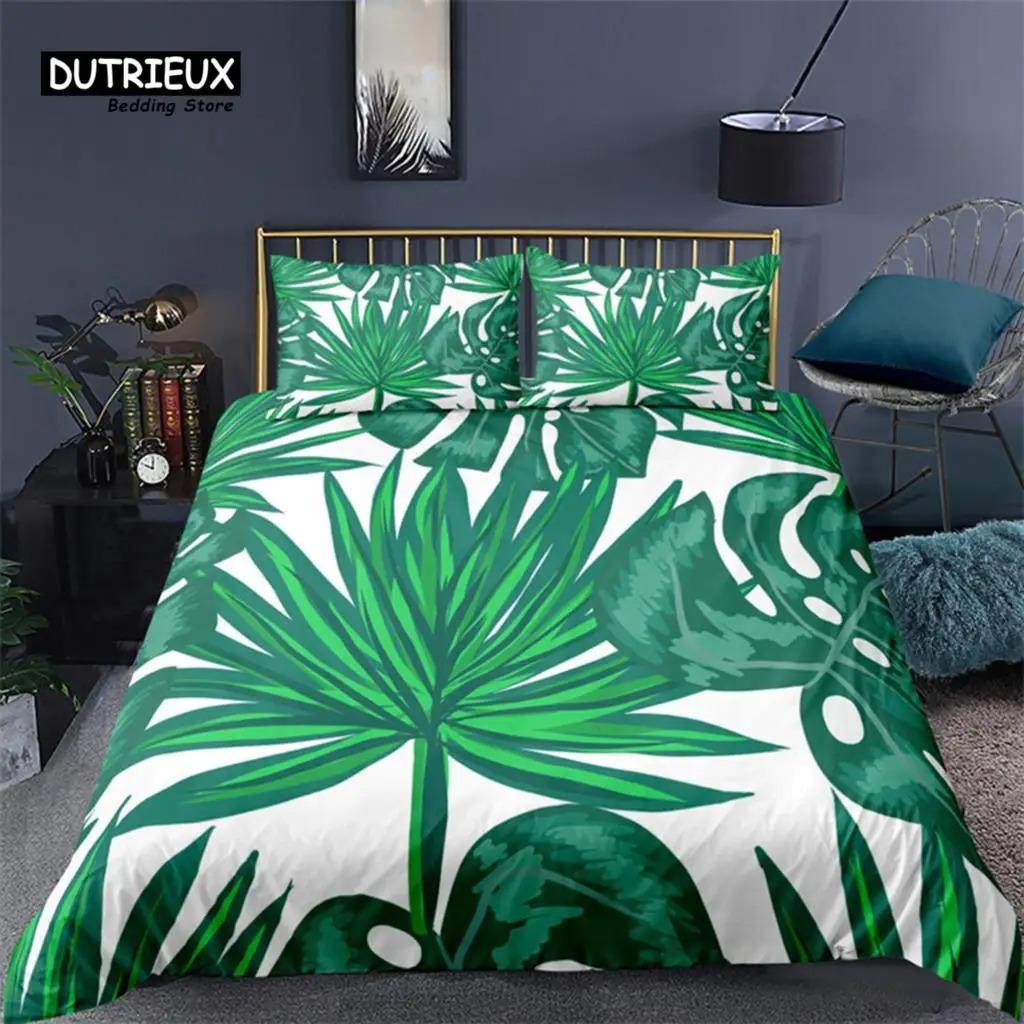 Soft Palm Leaves Comforter Cover Microfiber Tropical Botanical Leaves Bedding Set Double Monstera Leaf Floral Print Duvet Cover
