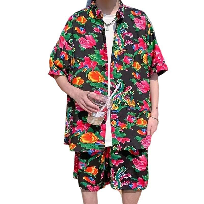 Men's Short-Sleeved Tang Suit Shirt & Casual Pants Set - Retro Floral Plus Size