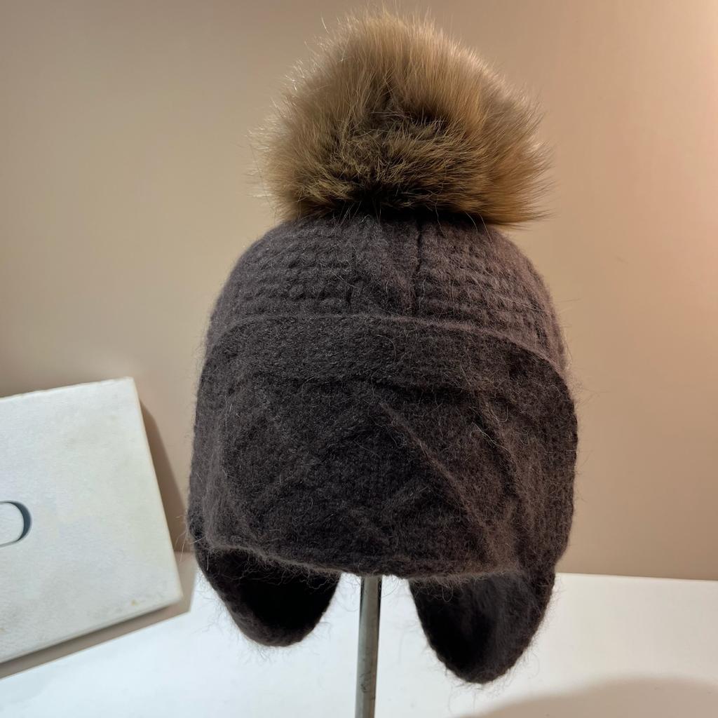 Fox Hairball Knitted Hat Winter Rabbit Plush Wool Ear Protector Hat Russian Outdoor Warm Rhombus Baotou Hat