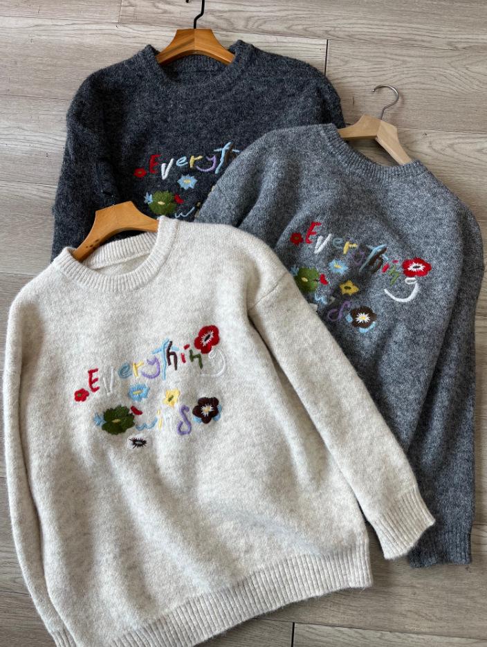 Women's Autumn & Winter Floral Embroidered Pullover Sweater - Loose, Thick Knit with Round Neck