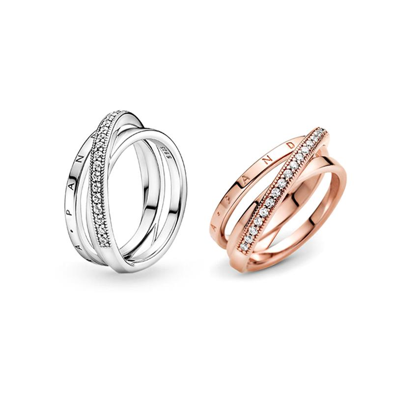 Pandora Pavé pavé interlaced three-ring set Möbius strip 925 silver ring women's silver/rose gold ZT-0035