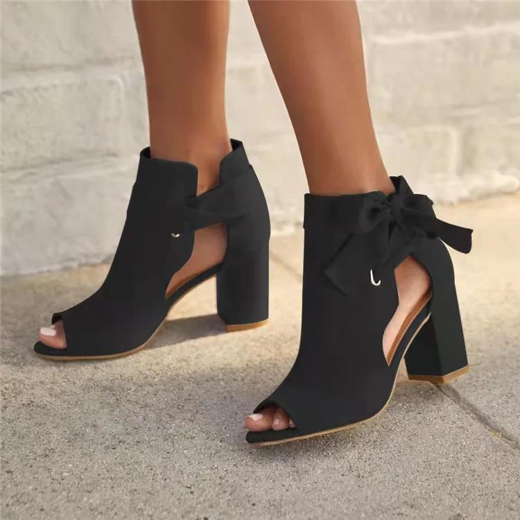 Fashion Women Chunky High-heeled Pumps 2025 Summer Cloth Side Empty Knotbow Black Red Sandals Casual Peep Toe Zapatillas Mujer Elegantes