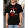 Men's Black Short Sleeve Crew Neck T-shirt with Bold Red Graphic Print Featuring Stylized Portrait and German Text, Casual Fit Cotton Blend for