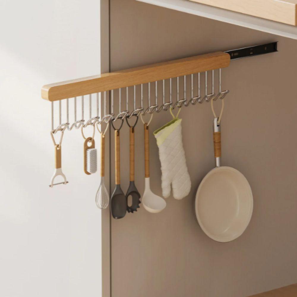 Multifunctional Pull Out Hook Rack Wood Material Closet Rod Retractable Hanger Closet Organization
