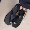 Fashion Retro Metal Decoration Flat Sandals Women Summer Sexy Clip Toe Back Strap Buckle Flip Flops Comfortable Non-slip Beach Sandals