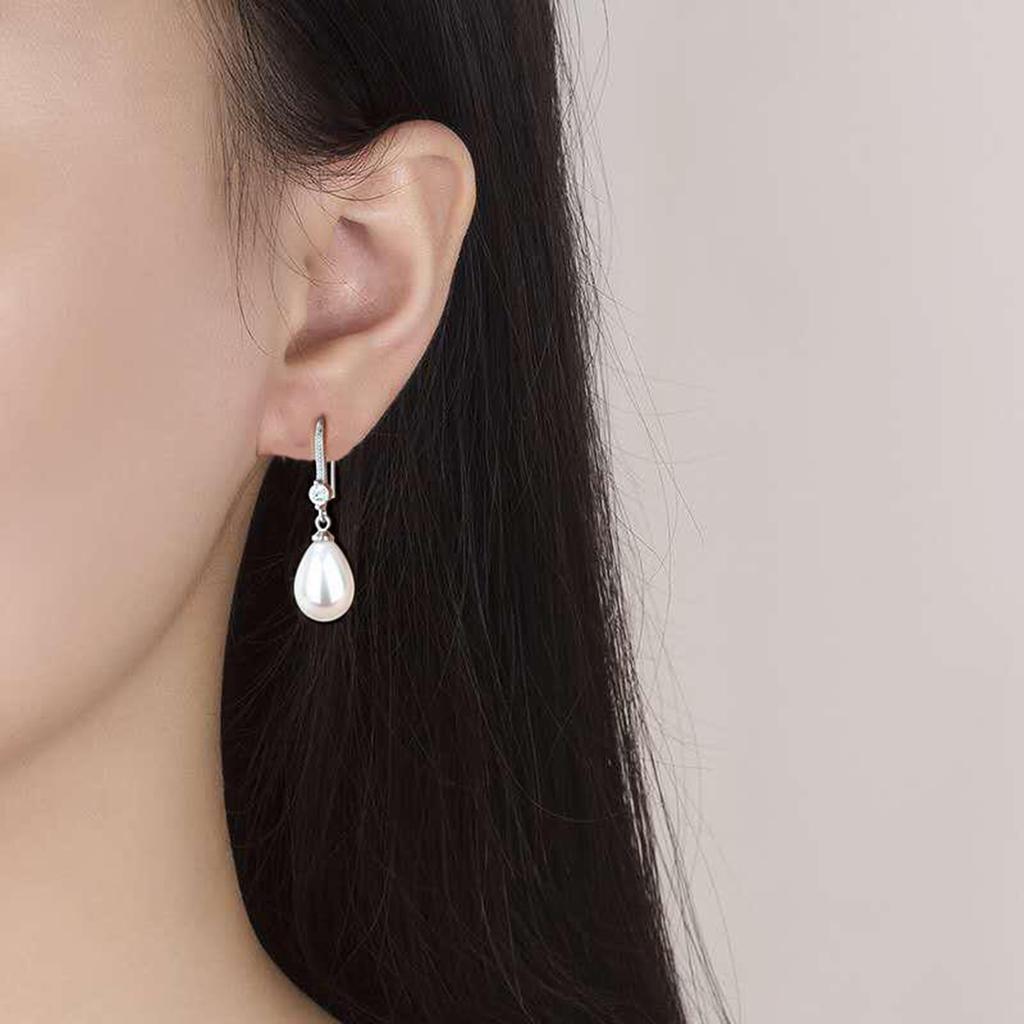 Women's Elegant Pearl Drop Earrings Sparkling Rhinestone Inlaid Hook Earrings for Wedding and Engagement