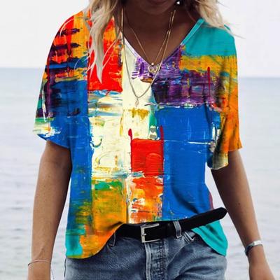 Digital 3D Printed Women's Short Sleeved T-shirt Summer Tie Dye Personalized V-neck Base T-Shirts Women’s