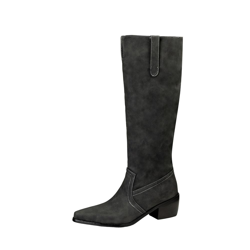 Grey Black Women Knee High Boots High Square Heel Small Big Size 32 48