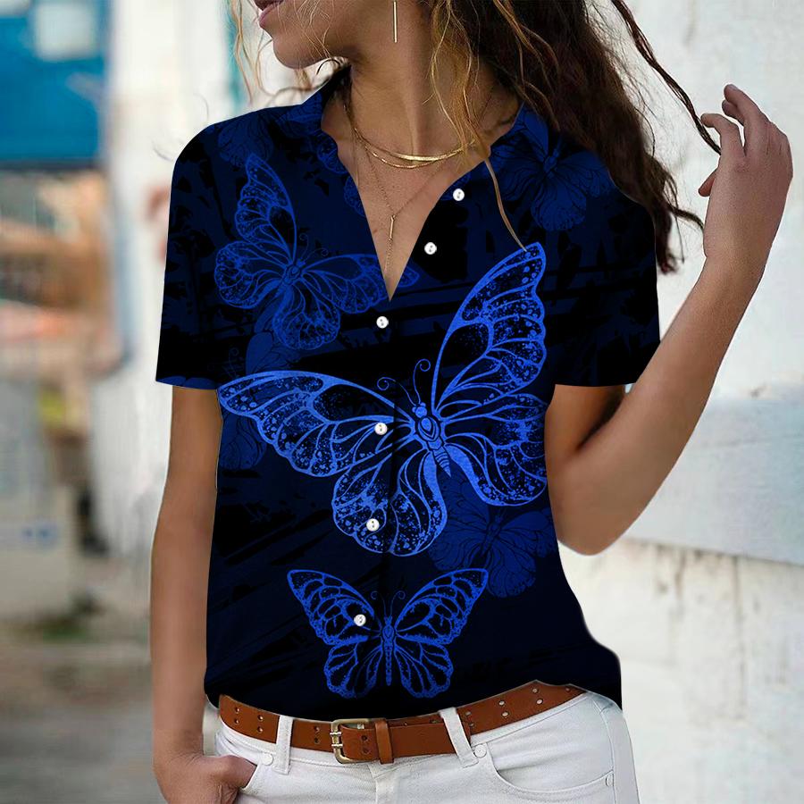 2025 Sommer Neue Mode Damen Schmetterling Bedruckt Kurzarm V-Ausschnitt Lässig Knopfleiste Hemd Top
