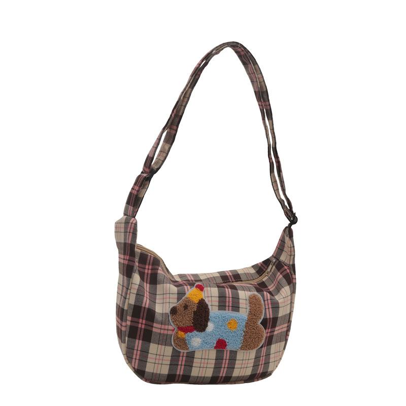 Korean Style Fashion Checkered Dumpling Bag New Style Women's Bag Cute Spotted Dog Student Class Shoulder Bag Trendy Crossbody Bag