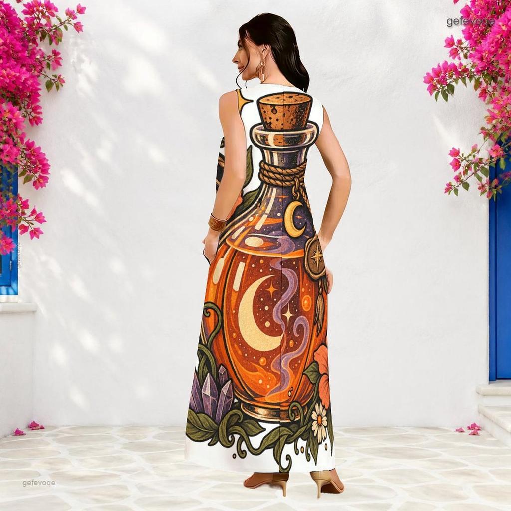 Women Plus Size Sleeveless Small V Neck Maxi Dress Halloween Witch Lamb Cartoon Print Loose Long Dress