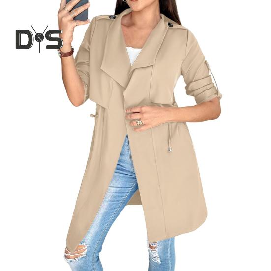 

Зимняя женская куртка с рукавами средней длины и запонками, ветровка с завязками на талии, пальто с открытыми стежкам, ветрозащитное теплое пальто средней длины S хаки