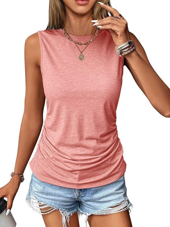 2026 Women's Sleeveless Pleated Round Neck Solid Color Casual Summer Pullover Vest