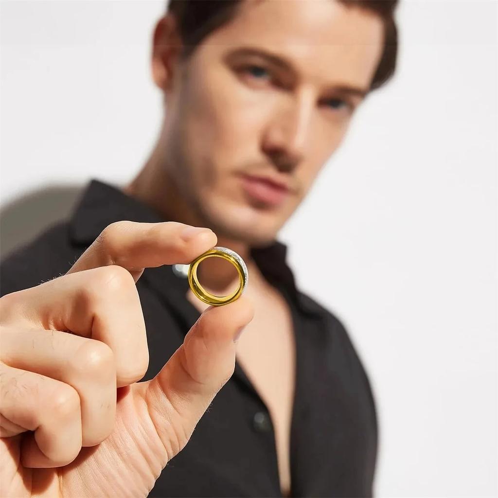 Luxury 8mm Gold Color Men Stainless Steel Wedding Rings Inlay Meteorites Engagement Rings For Men Party Jewelry Drop Shipping
