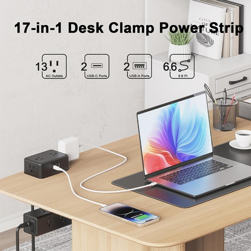 Clamp Mounted Power Strips 13AC Outlets 4 USB Port 20WPD Fast Charging Safety Protections 2M Cord ABS Materials Build