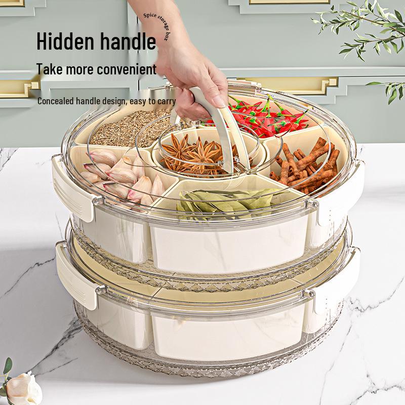 Six-Compartment Rotating Fruit Plate with Handle, Moisture-Proof Lid, Dried Fruit & Spice Box, Round Snack Container