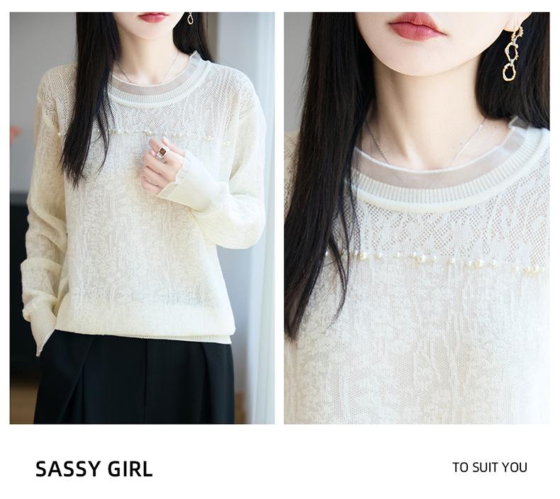 Lace Bead-Embellished Wool Sweater with Loose Comfortable Fit and Exquisite Lace Design for Fall/Winter Versatile Style